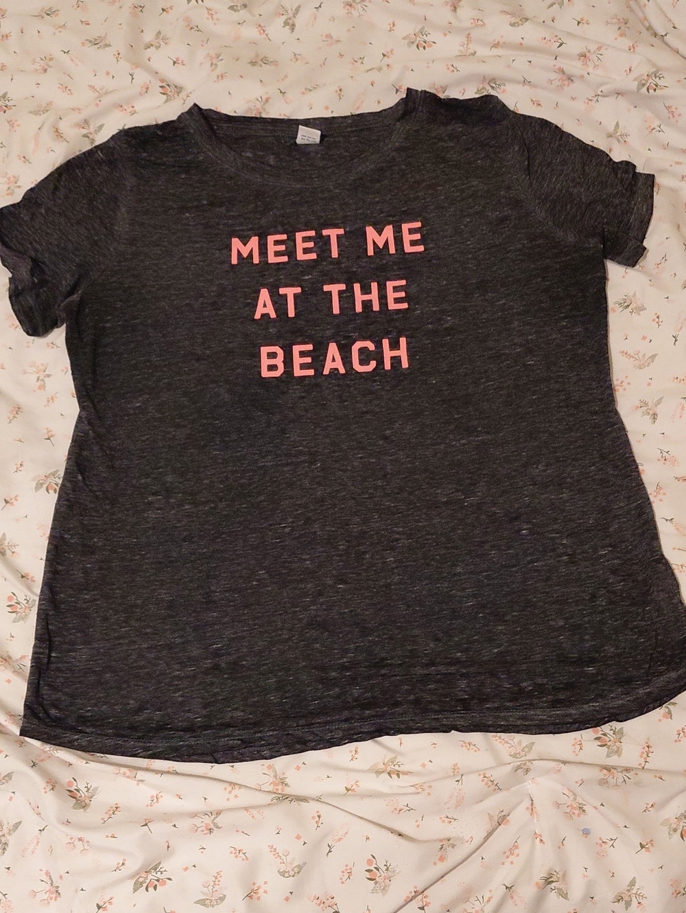 Womens 'Meet Me At The Beach' Graphic Tee - Charcoal with Pink/Orange